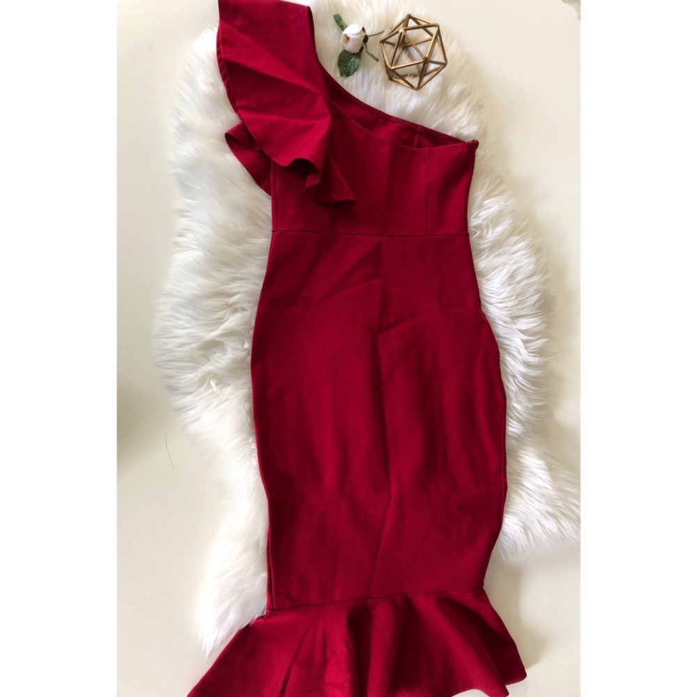 Radiant Red one shoulder Midi Dress